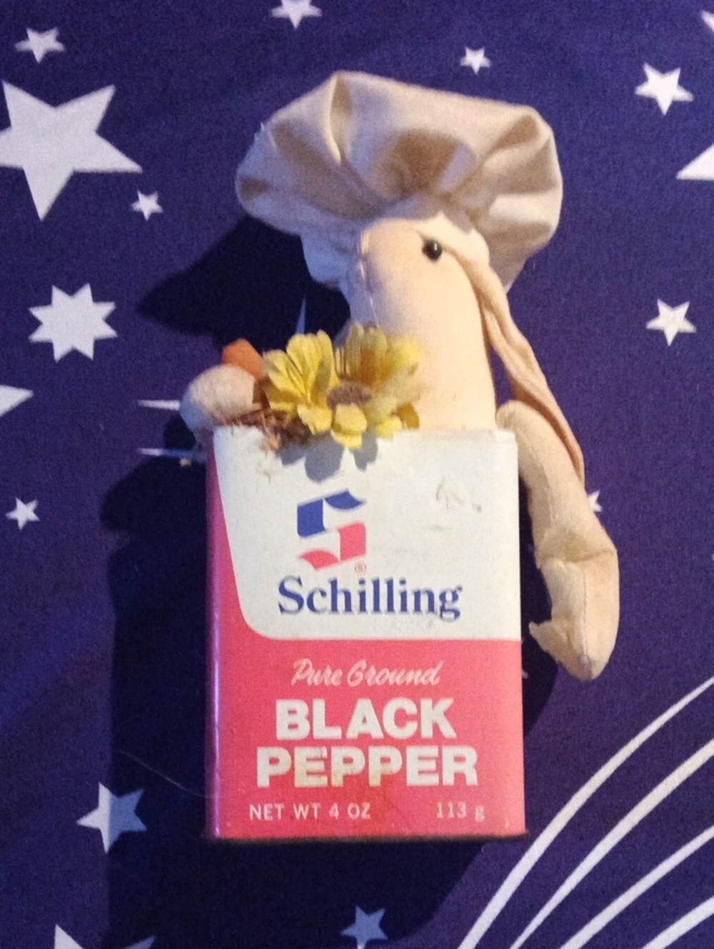 Handmade Vintage Black Pepper Tin Bunny Chef Decor -